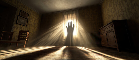 A shadowy hand is cast against sunlit window in dimly lit room, creating an eerie atmosphere filled with suspense and mystery. interplay of light and shadow evokes sense of unease