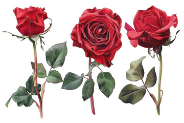 Red Roses with Stems and Leaves on Transparent Background PNG