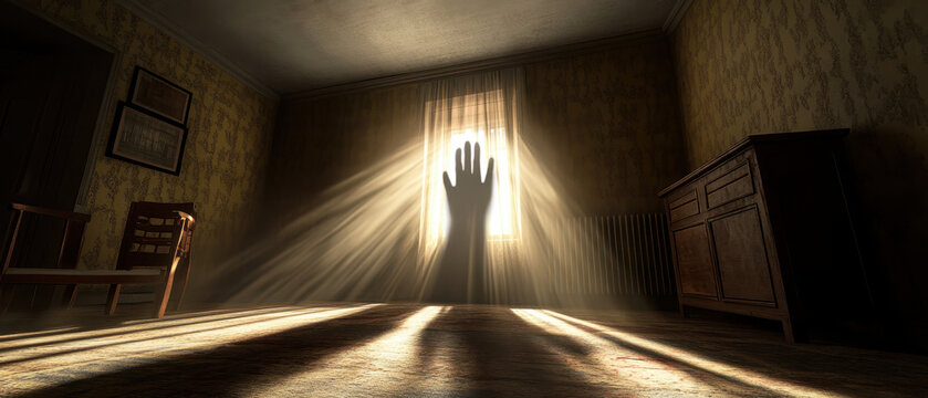 A shadowy hand is cast against sunlit window in dimly lit room, creating an eerie atmosphere filled with suspense and mystery. interplay of light and shadow evokes sense of unease
