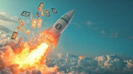 Fototapeta premium Business concept image showing coins and banknotes attached to a rocket, symbolizing financial growth and success.