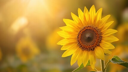 A macro view of a bright yellow sunflower with its textured center and surrounding petals in sharp focus, set against a muted, complementary background.