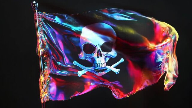 3d pirate flag with a glowing skull and crossbones waving dramatically in the wind, symbolizing danger and adventure.