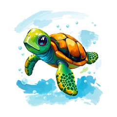 watercolor, oil painting style turtle mascot logo. Sea turtle vector illustration isolated on white background. Cartoon marine animal. 