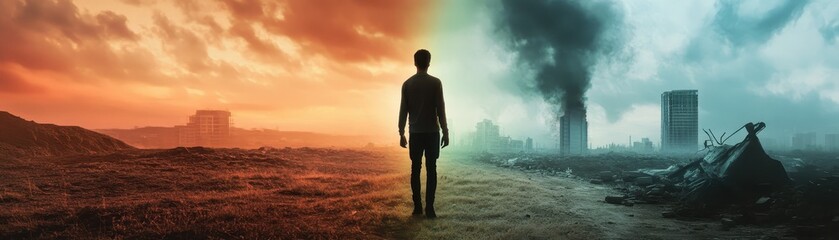 Fototapeta premium A lone figure stands at crossroads of dystopian landscape, where society crumbles amidst contrasting environments of destruction and hope