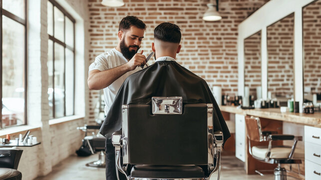 A cheerful barber performing haircuts in a well-organized, brightly lit barbershop, creating an optimistic and energetic environment. photo