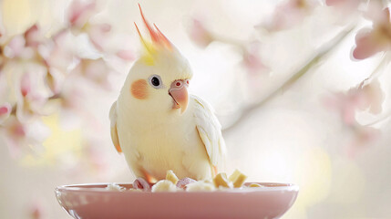 A cockatiel eating from a dish, captured from a high-angle view with a pastel background and realistic style, emphasizing the cockatiel&rsquo;s mealtime and the soothing setting 