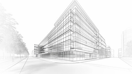 Modern Architecture building construction perspective design, building sketch line drawing on white background