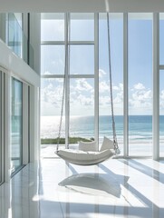 Open and airy room with a hanging swing sofa and sea view