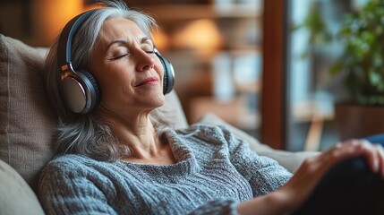 relaxed senior middle age woman on a soft couch at home, listening to online music in headphones, creating a peaceful, joyful atmosphere of comfort and personal leisure