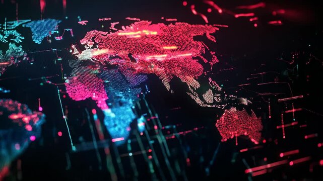 3d world map backlit in red and blue colors on a dark background