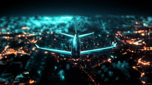 3d animation of an airplane flying over a brightly lit city at night