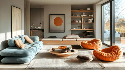 Modern living room with cozy seating, natural light, and minimalist decor.