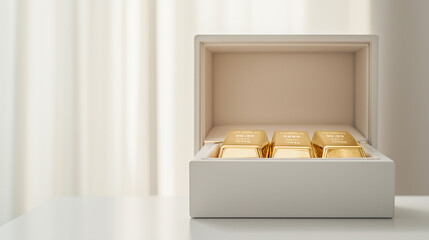 Three gleaming gold bars (50, 100, and 200 grams) inside an open safe, positioned on a white table with a white backdrop for a minimalist, elegant presentation. photo