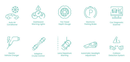 Auto Air Conditioner, Dashboard Warning Lights, Tire Tread Depth Gauge, Electric Parking Brake, Car Diagnostic Scanner, Electric Vehicle Charger, Adaptive Cruise Control vector icon set