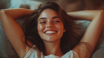 Fototapeta premium young woman smiling and laughing while relaxing at home, radiating comfort, joy, and natural beauty in a warm and peaceful environment