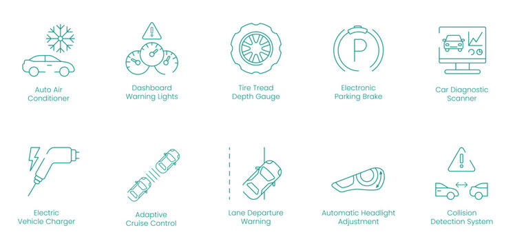 Auto Air Conditioner, Dashboard Warning Lights, Tire Tread Depth Gauge, Electric Parking Brake, Car Diagnostic Scanner, Electric Vehicle Charger, Adaptive Cruise Control vector icon set
