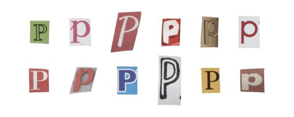 Set of isolated cut-out letter “P” from magazines on a transparent background, retro y2k style