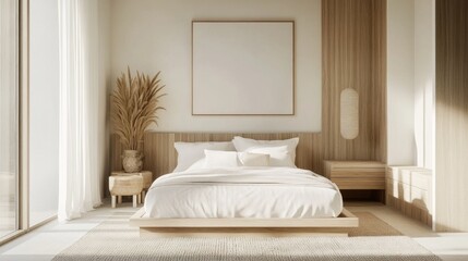 A modern Nordic bedroom with a platform bed, white linens, and light wood furniture, complemented by a neutral color palette and minimalistic decor.