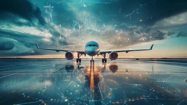 Futuristic airplane on a digital runway with a glowing grid pattern, set against a dramatic sky at dusk, blending technology and aviation