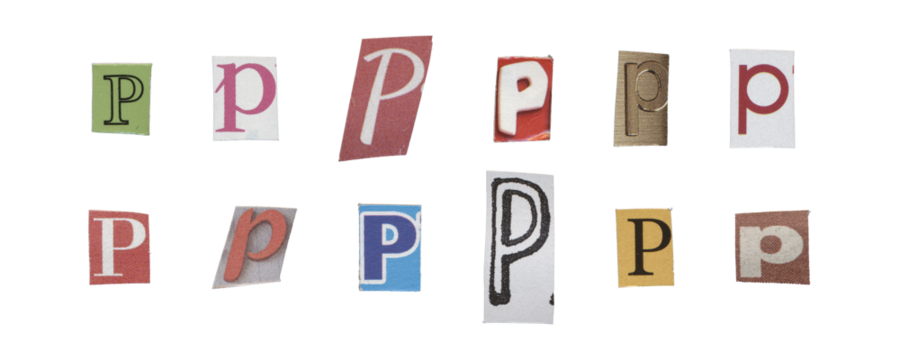 Set of isolated cut-out letter “P” from magazines on a transparent background, retro y2k style