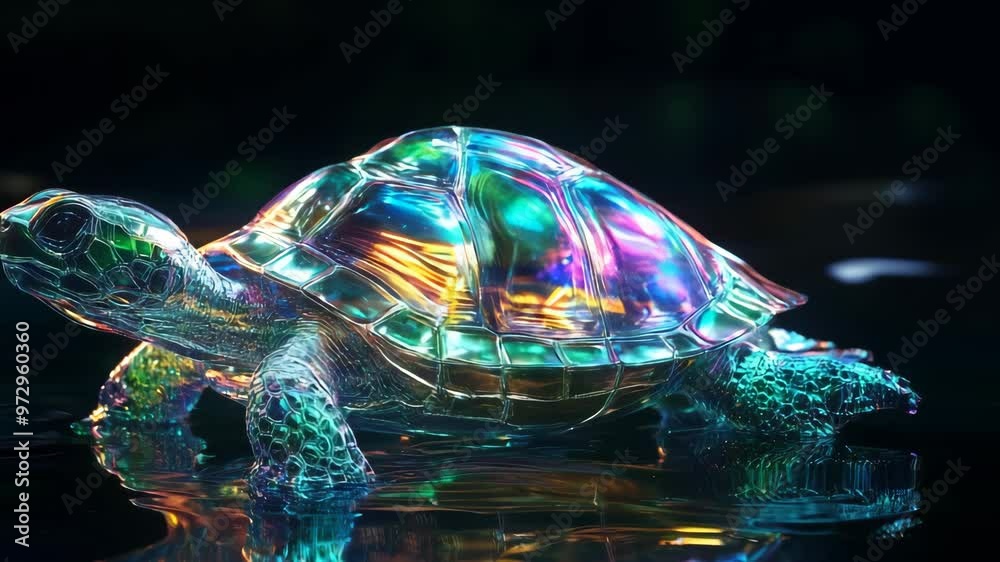 Wall mural 3d animation of a turtle with an iridescent neon shell on a black background
