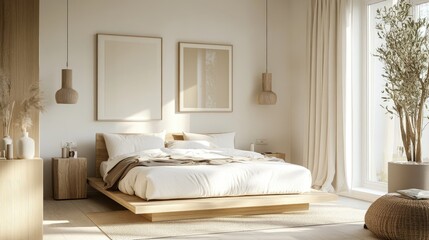 A modern Nordic bedroom with a platform bed, white linens, and light wood furniture, complemented by a neutral color palette and minimalistic decor.
