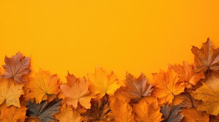 Fototapeta premium Bright autumn leaves forming a natural border around a single-color background, creating a warm fall aesthetic with copy space