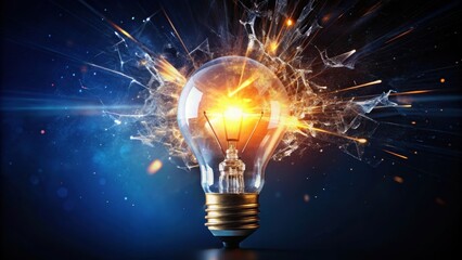 Exploding light bulb with bright light illuminating a dark background