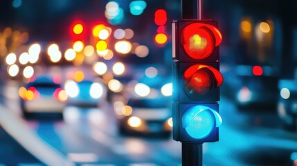 A modern traffic light with LED displays on a busy street, highlighting the advanced technology used in contemporary traffic management systems.