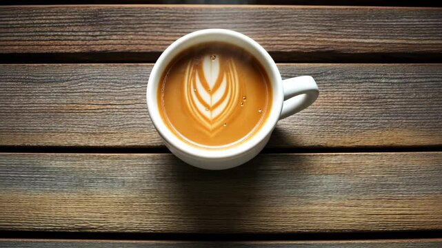 A warm cup of coffee rests on a rustic wooden table in the morning light