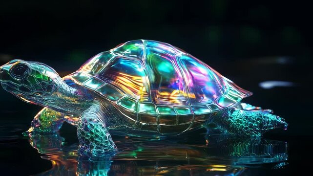 3D animation of a turtle with an iridescent neon shell on a black background