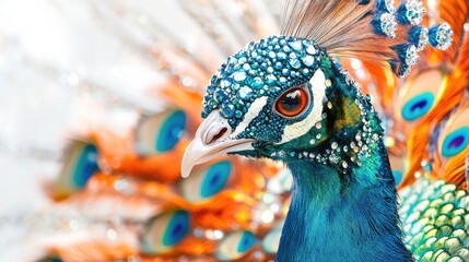Close-up of a peacock decorated with intricate jewelry and sparkling diamonds, creating an elegant and abstract design on a white background