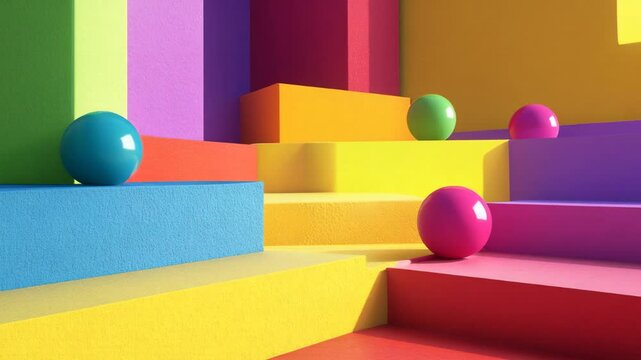 Multi-colored 3d balls on a stepped design in an abstract composition
