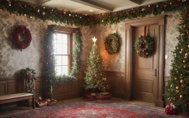 Fototapeta premium Festive Interior Decorated for Christmas with Two Trees, Bench,