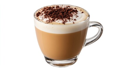 Rich Creamy Cappuccino with Delicate Foam Layer, Dusting of Cocoa Powder on Clean White Background, Deep Brown Drink Forming Stark Contrast. 