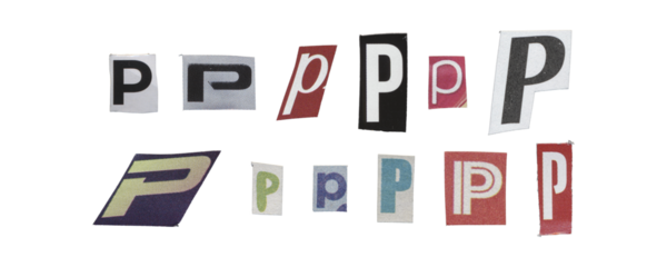 Set of isolated cut-out letter “P” from magazines on a transparent background, retro y2k style