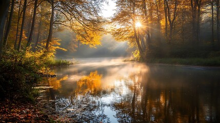 Sunbeams pierce through the canopy of a golden autumn forest, illuminating a misty river. The water reflects the warm colours of the trees and the sky, creating a magical atmosphere.