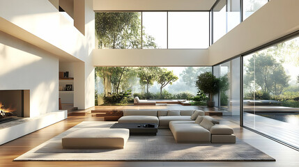 Modern living room with large windows and natural light, blending indoor and outdoor spaces.