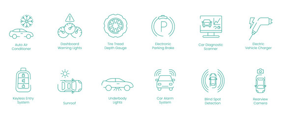 Auto Air Conditioner, Dashboard Warning Lights, Tire Tread Depth Gauge, Electric Parking Brake, Car Diagnostic Scanner, Electric Vehicle Charger, Keyless Entry System, Sunroof vector icon set