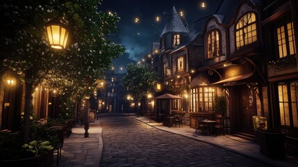 Obraz premium A nighttime view of a historic street with charming old buildings, softly lit by street lamps and creating a nostalgic and atmospheric scene.