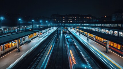 Fototapeta premium A nighttime view of a train station illuminated with bright lights, with trains and passengers moving through the platform, showcasing the station's activity after dark.