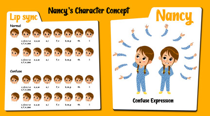 Nancy the Confused Girl: Cartoon vector of a cute girl in a night dress showing confused expressions and lip sync. Includes various hand gestures and front and 1/3 standing poses.