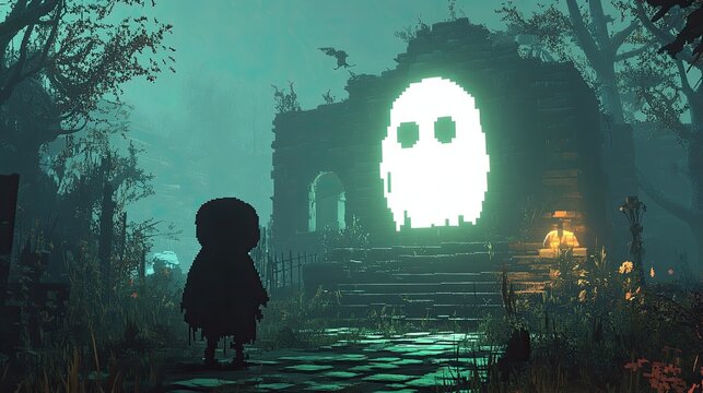 Fototapeta 46. Halloween video game hero battling ghosts and goblins in a haunted digital world, with pixelated graphics and spooky sound effects