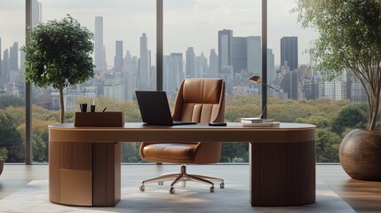 Plakat A modern office with a view of a city skyline at dusk.