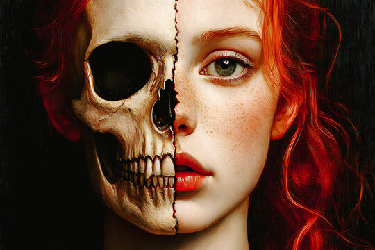 Illustration repr&eacute;sentant la vie et la mort avec la moiti&eacute; d'un  visage de jeune femme et la moiti&eacute; d'un cr&acirc;ne