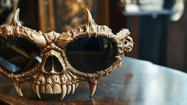 Glasses in the shape of a skull with dark lenses and horns