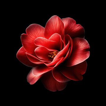 Vibrant red camellia flower against a black background, showcasing its intricate petals.