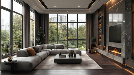 Modern living room with large windows, cozy furniture, and a fireplace.