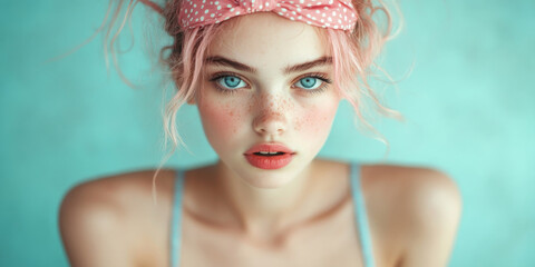 Naklejka premium A young woman with striking pink hair and a headband, staring intensely into the camera, evoking a sense of beauty and individuality.