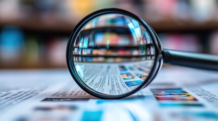 A magnifying glass focuses on printed text, highlighting details and clarity.
